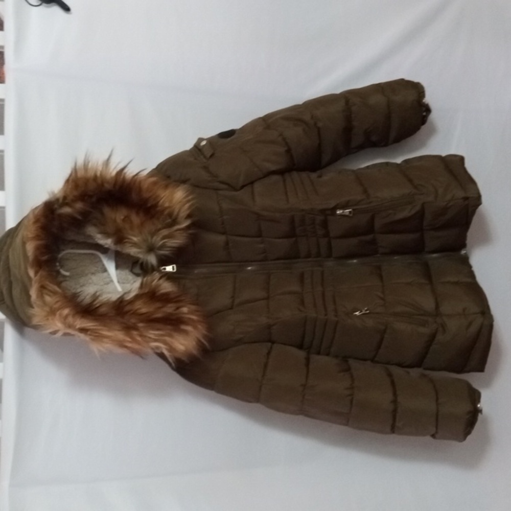 Madden Girl Olive Puffer Jacket with Faux Fur Hood